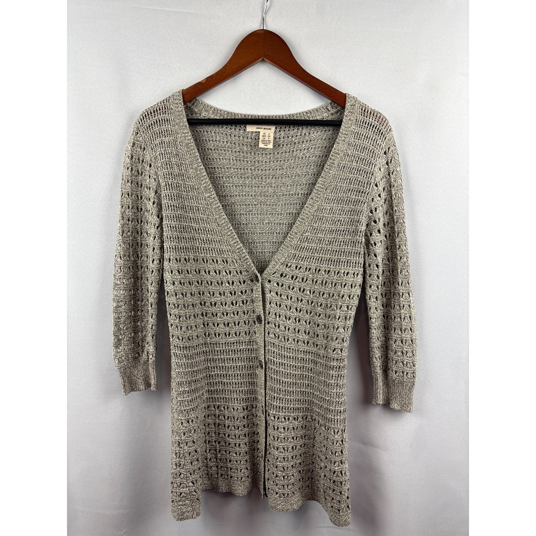 DKNY Jeans Womens Small Gray Crochet Knit Cardigan Sweater 58% Cotton 42% Acrylic V-Neck Button Front
