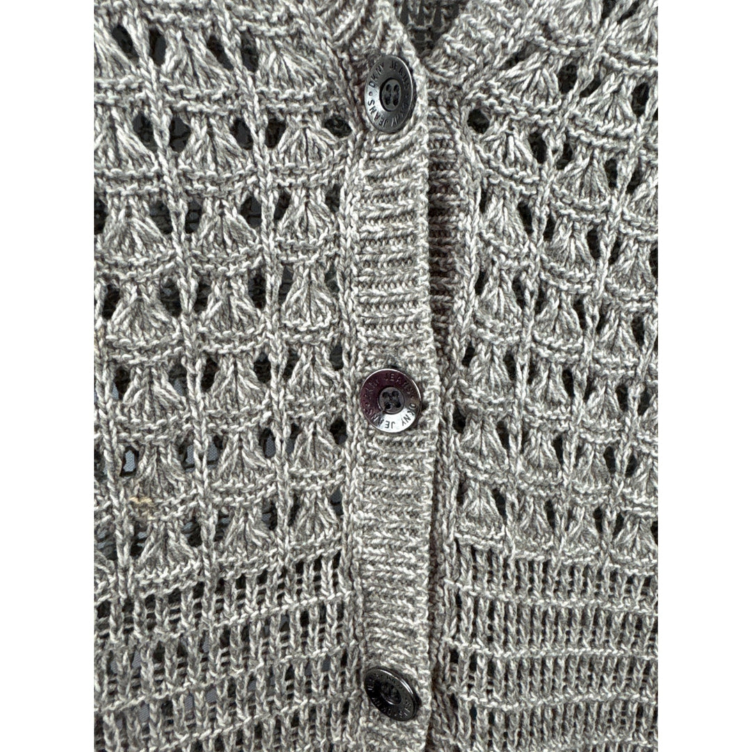 DKNY Jeans Womens Small Gray Crochet Knit Cardigan Sweater 58% Cotton 42% Acrylic V-Neck Button Front