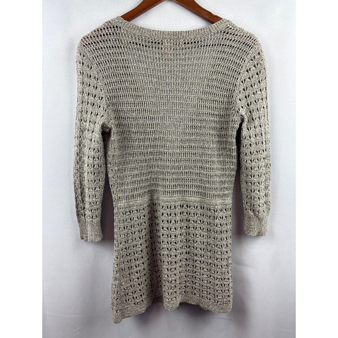 DKNY Jeans Womens Small Gray Crochet Knit Cardigan Sweater 58% Cotton 42% Acrylic V-Neck Button Front