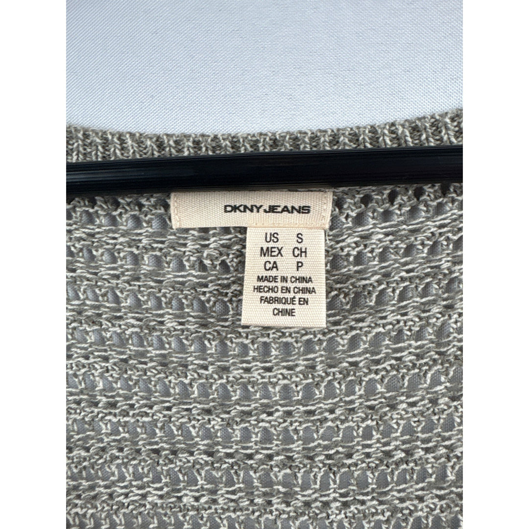DKNY Jeans Womens Small Gray Crochet Knit Cardigan Sweater 58% Cotton 42% Acrylic V-Neck Button Front