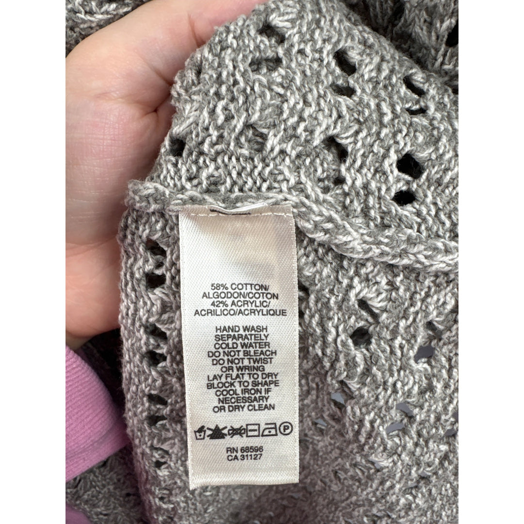 DKNY Jeans Womens Small Gray Crochet Knit Cardigan Sweater 58% Cotton 42% Acrylic V-Neck Button Front