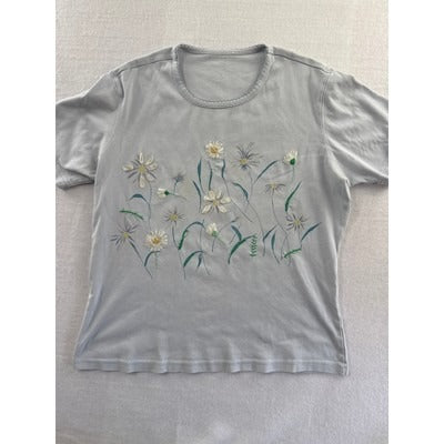 Embroidered Floral Womens T-Shirt Gray Short Sleeve Top