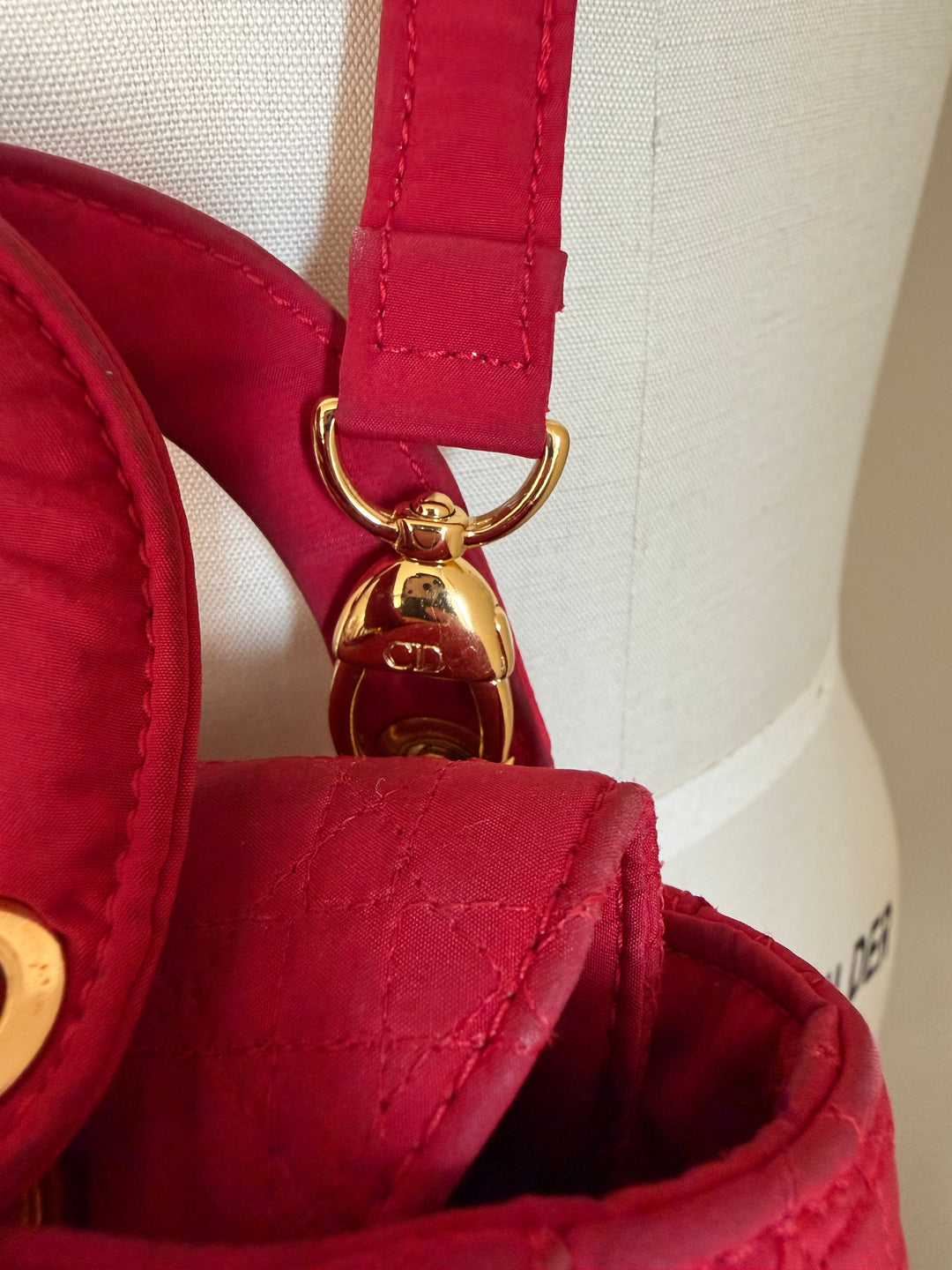 Vintage Christian Dior Lady Dior Red Cannage Nylon Canvas Bag w/ Strap