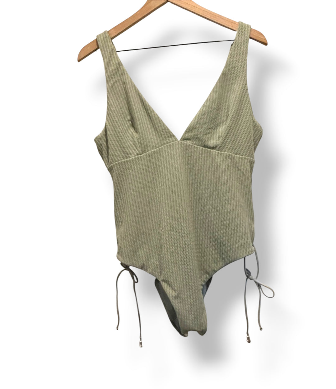 ASOS DESIGN Sage Green Ribbed Mesh Side Lace-Up One Piece Swimsuit Size 12 NWOT