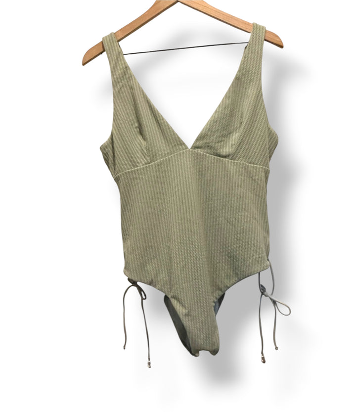 ASOS DESIGN Sage Green Ribbed Mesh Side Lace-Up One Piece Swimsuit Size 12 NWOT