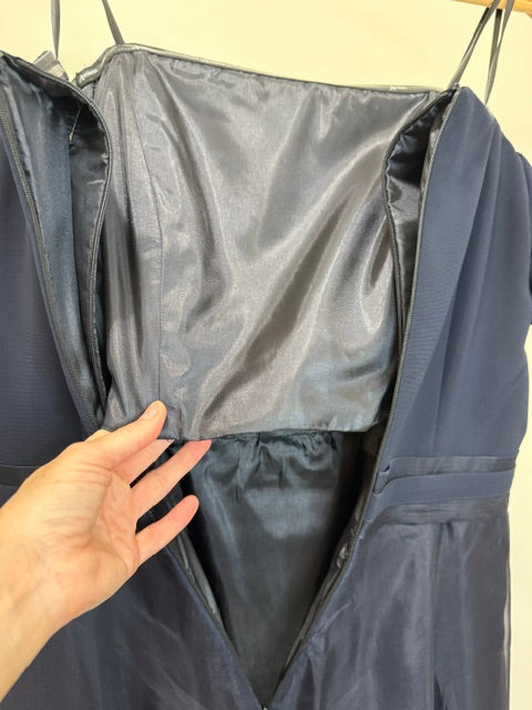 A Exclusive Formal Gown – Navy Off‑Shoulder Column Dress w/ Organza Overlay – Boutique Couture – Retail $1000+