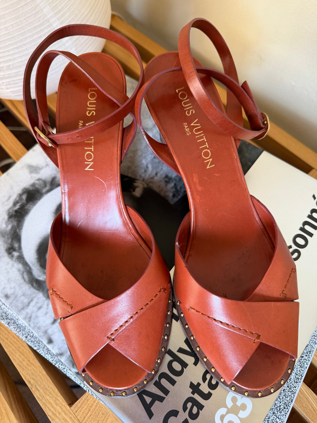 Louis Vuitton Brown Leather Studded Wedge Sandals Size 38.5