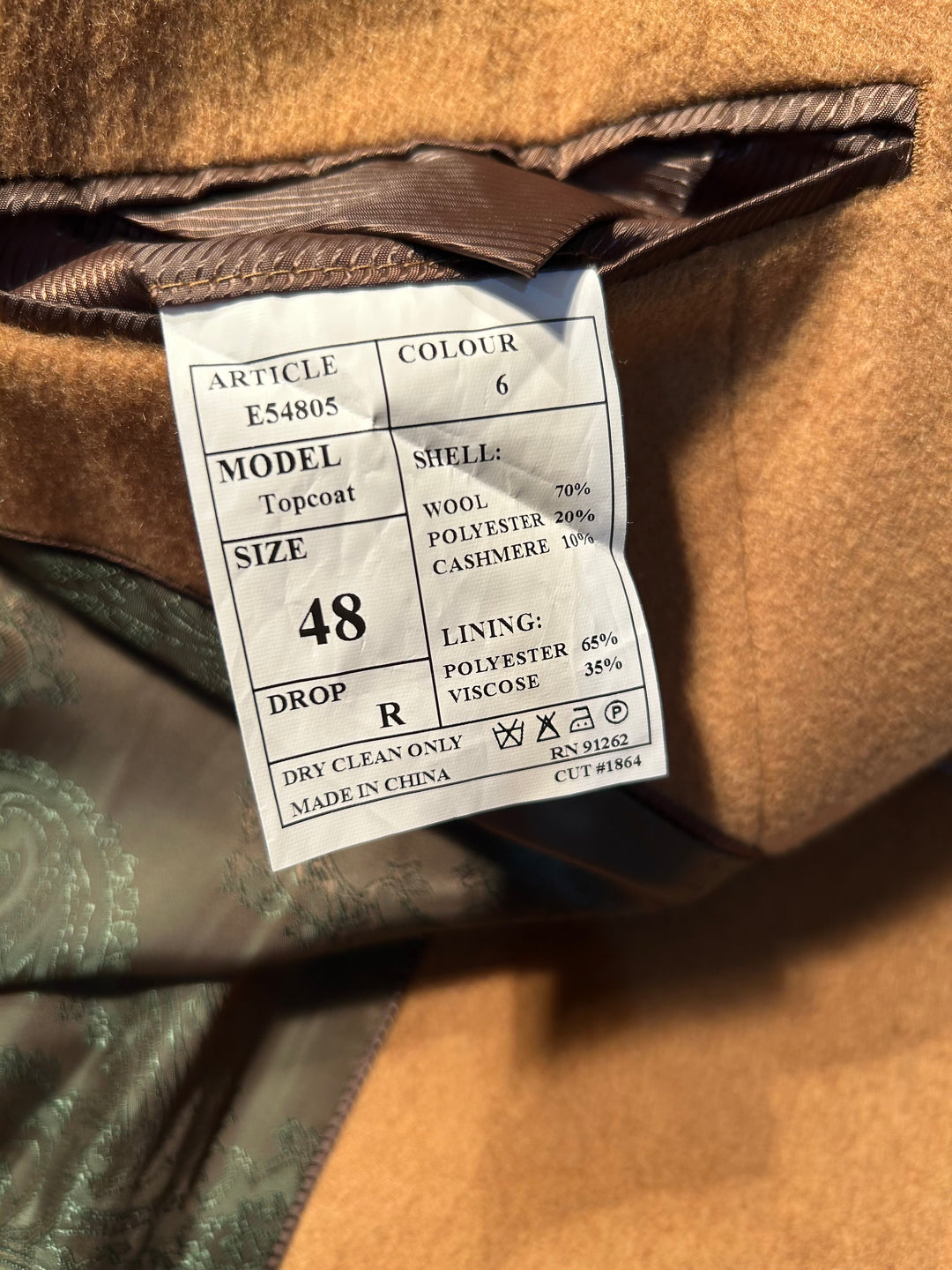 ENZO Tovare Men’s Wool Cashmere Blend Topcoat Overcoat Camel Tan Caramel Size 48