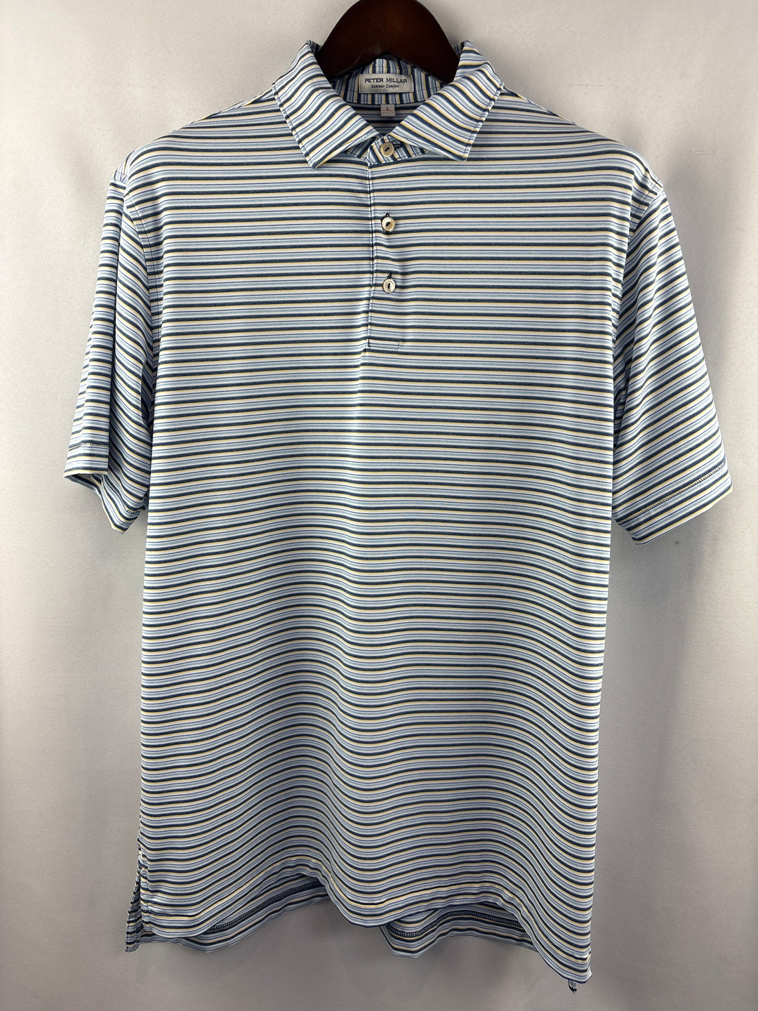 Men’s Peter Millar Large Blue, White, &amp; Yellow Striped Polo