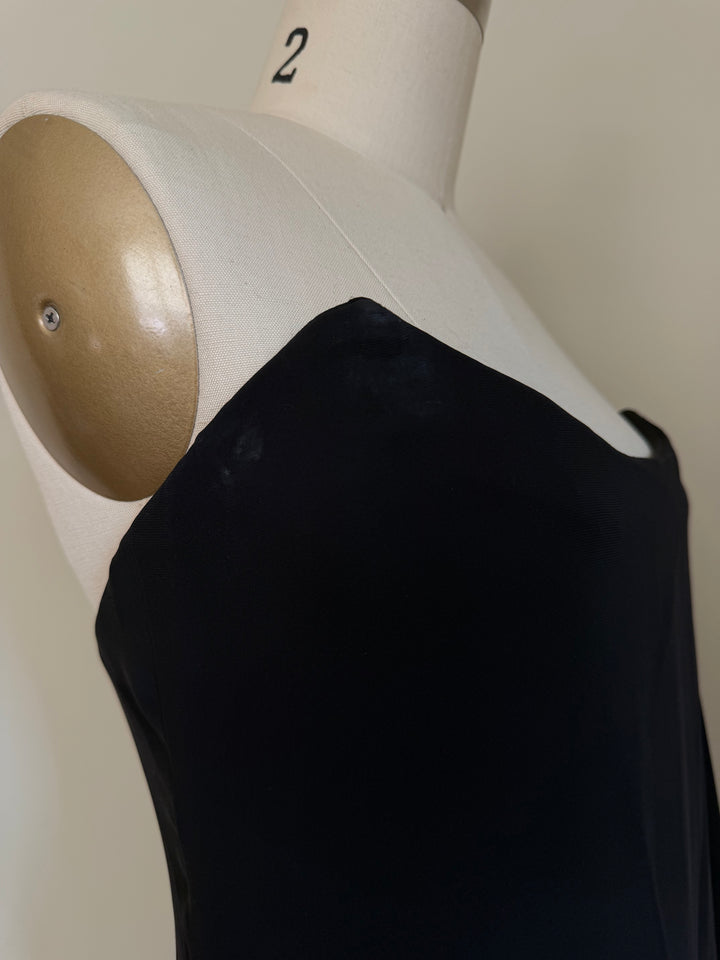 Vintage 1990s Calvin Klein Black Strapless Draped Column Maxi Gown