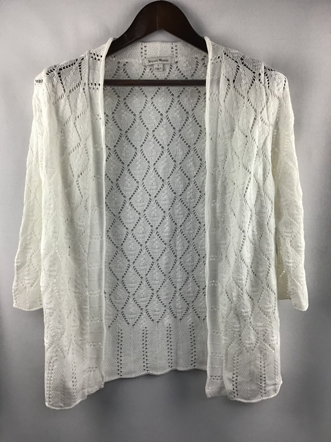 Women’s Studio Works White 3/4 Sleeve Knit Open-Front Cardigan Size S