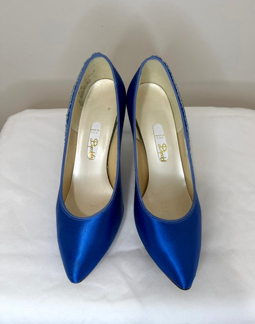 Vintage Nouveau 90s Royal Blue Satin Beaded Pumps Sz 7