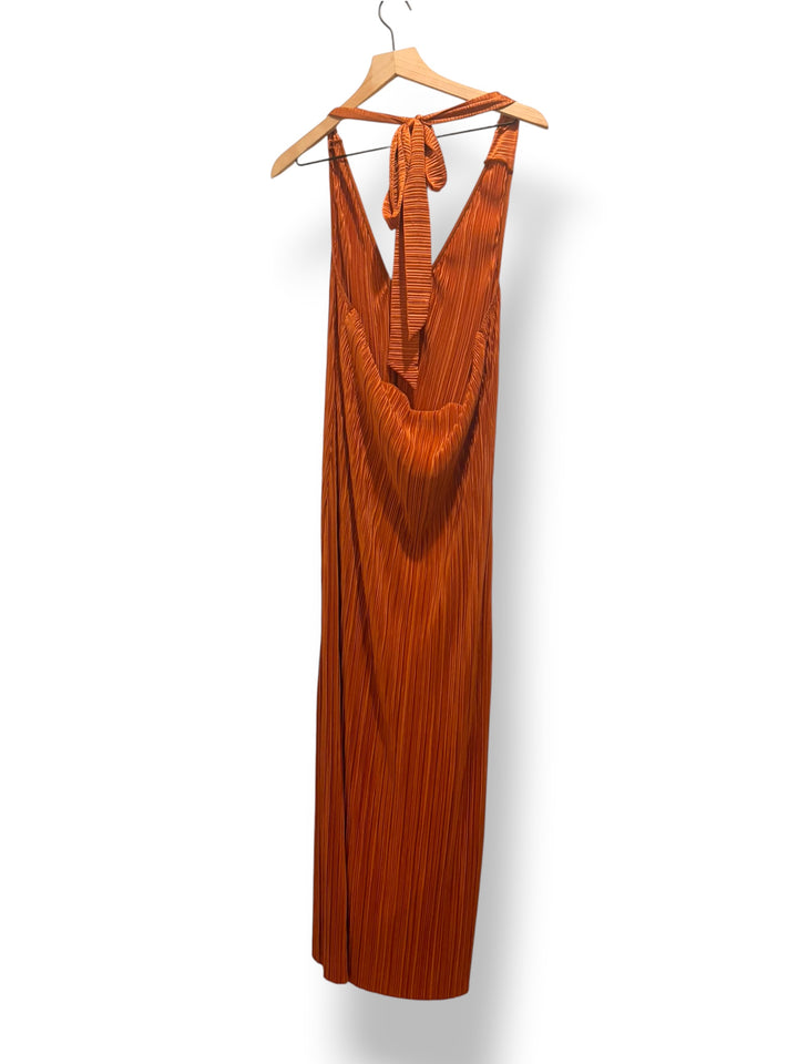 ASOS DESIGN Burnt Orange Pleated Halter Maxi Dress Size L 70s Disco Retro