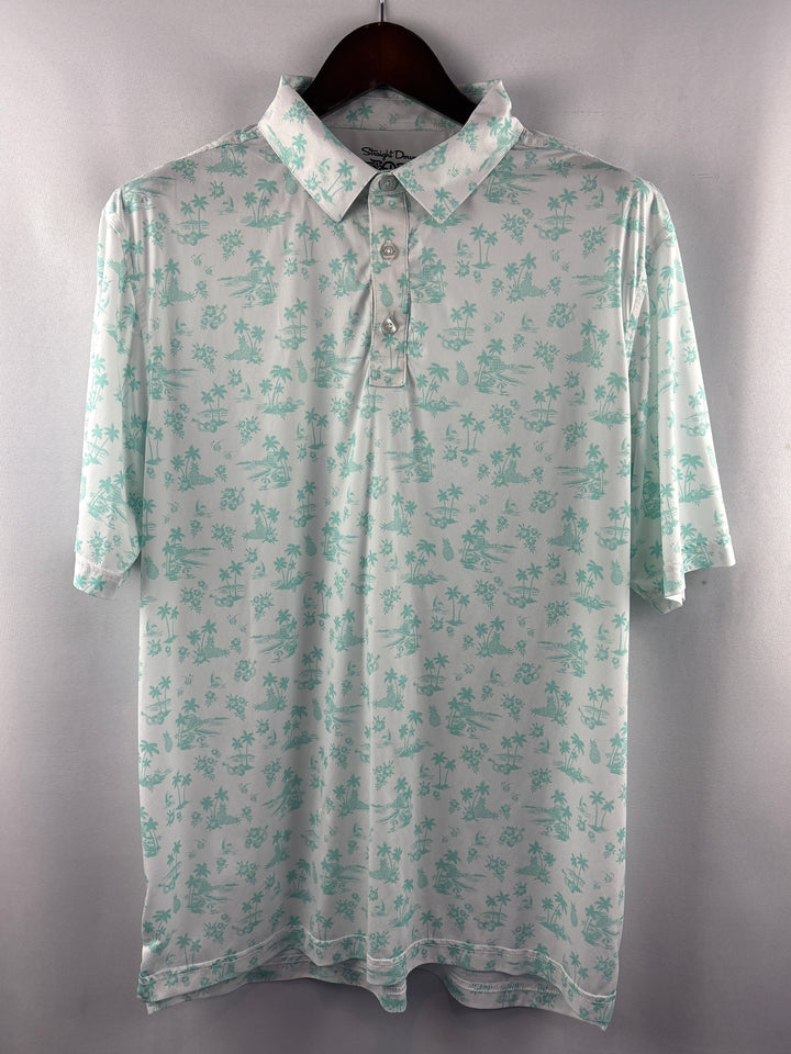 Men’s Straight Down XL White Golf Polo w/ Green Hawaiian Pattern
