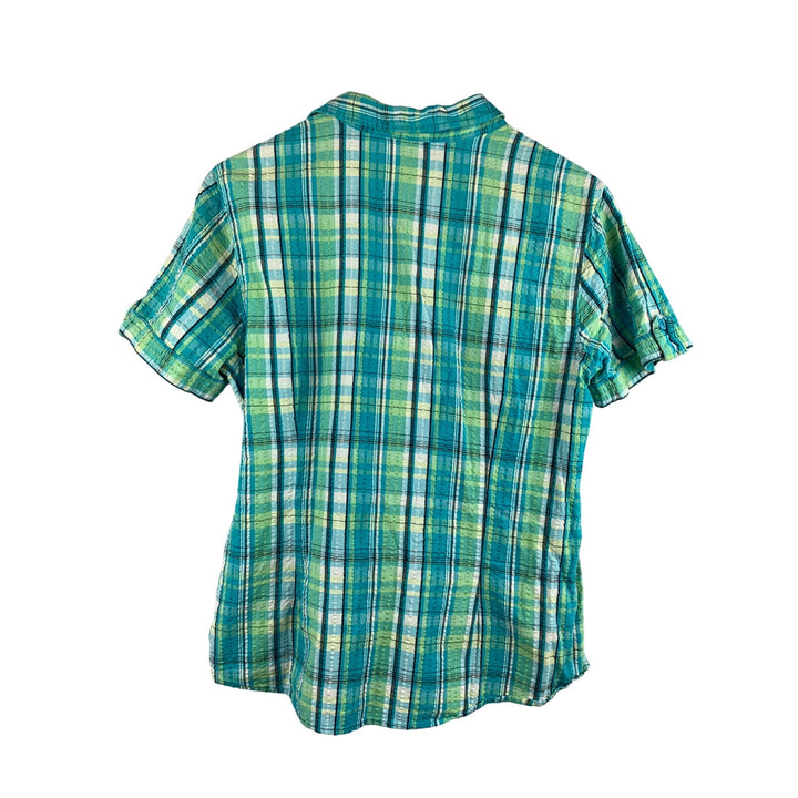 Erika Womens Medium Short Sleeve Plaid Button-Up Shirt - Teal & Green Cotton