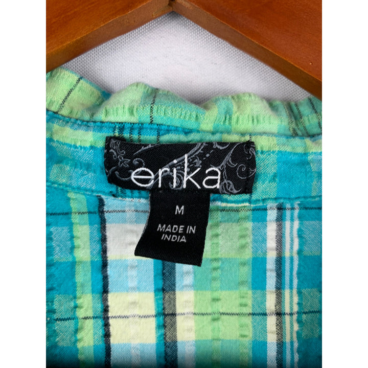 Erika Womens Medium Short Sleeve Plaid Button-Up Shirt - Teal & Green Cotton