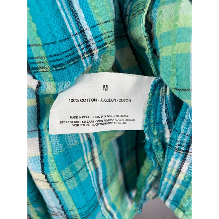 Erika Womens Medium Short Sleeve Plaid Button-Up Shirt - Teal & Green Cotton