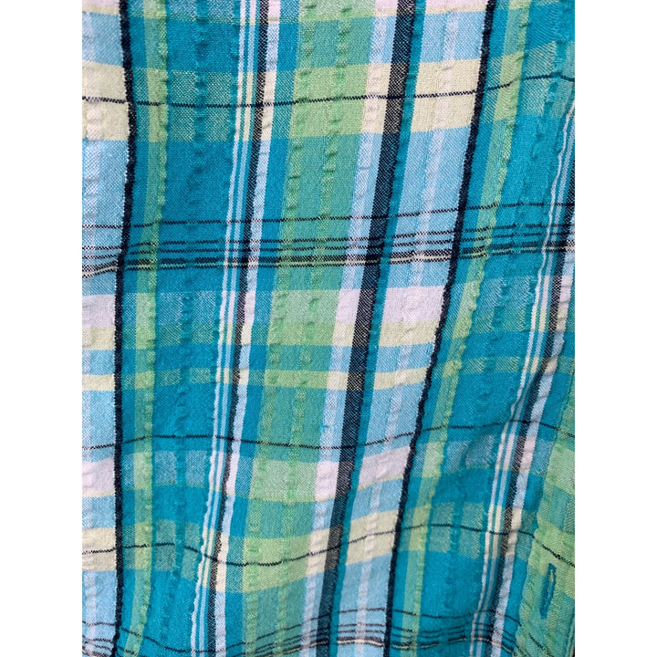 Erika Womens Medium Short Sleeve Plaid Button-Up Shirt - Teal & Green Cotton
