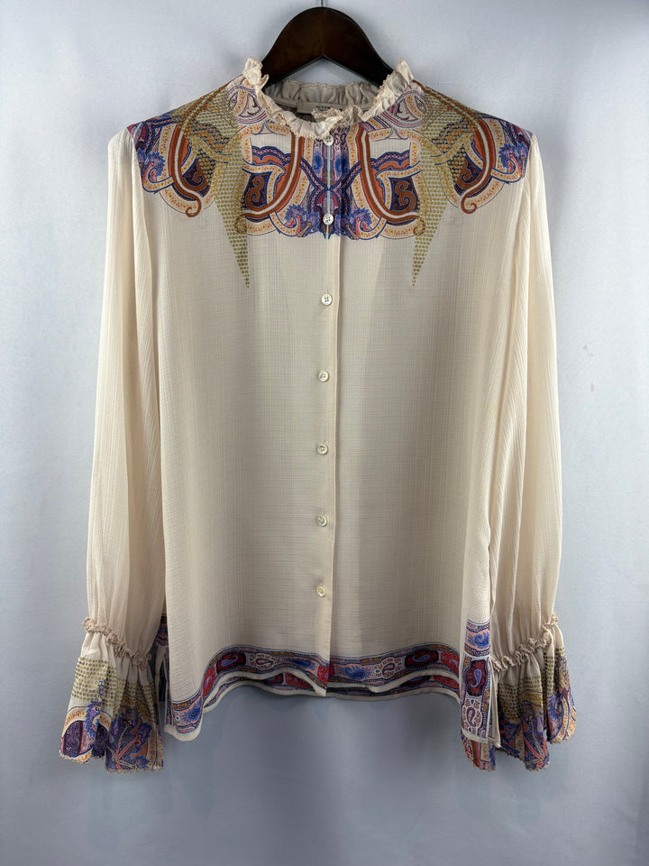 Women’s ETRO Size 14 Beige Button Up Blouse w/ Paisley Pattern