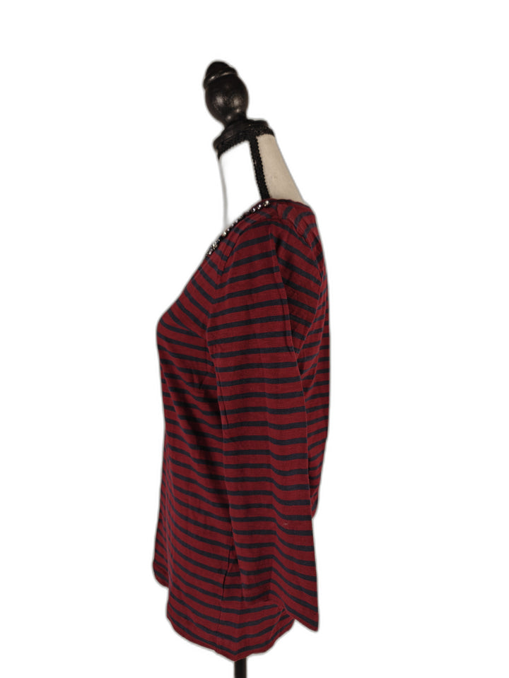 Women’s, J.Crew, Jeweled-Neck Striped 3/4-Sleeve Top, Burgundy/Navy, Small