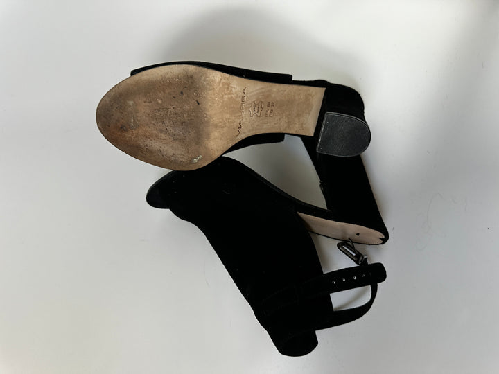 Via Spiga Black Suede Open Toe Ankle Booties Block Heel Size 8