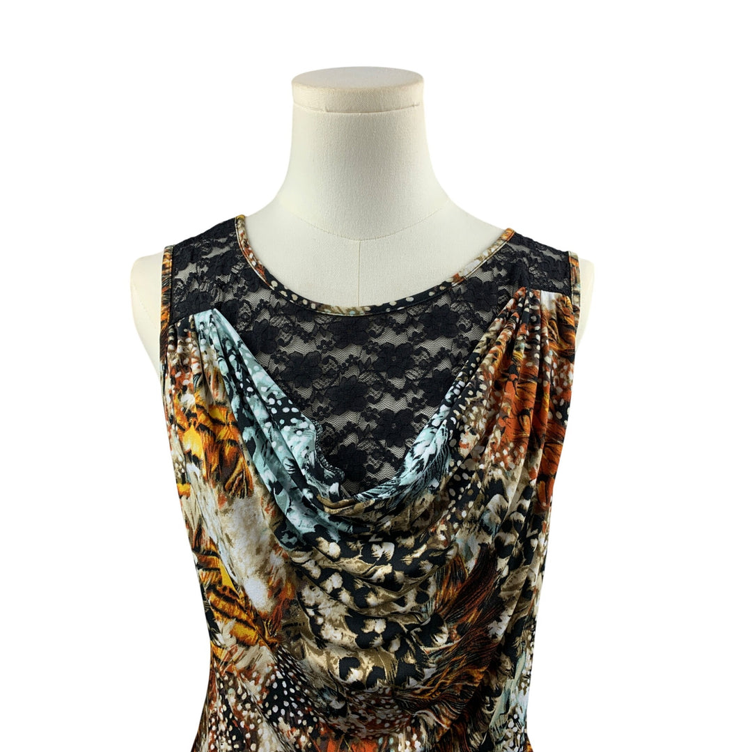 Cocomo Womens Sleeveless Cowl Neck Animal Print Top With Lace Detail