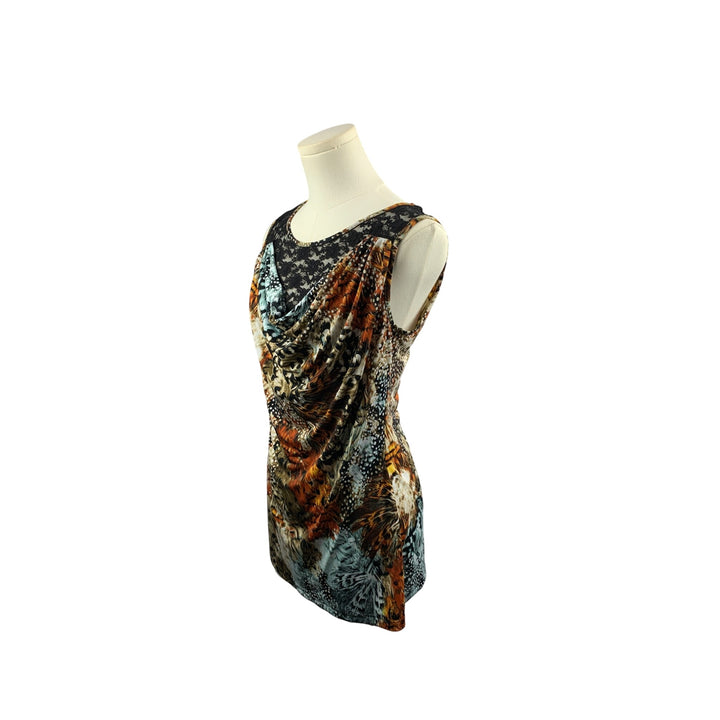 Cocomo Womens Sleeveless Cowl Neck Animal Print Top With Lace Detail
