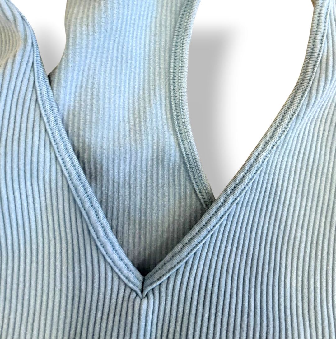 Light Blue Ribbed Sports Bra Biker Shorts Matching Workout Set L/XL
