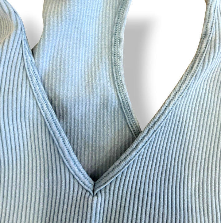Light Blue Ribbed Sports Bra Biker Shorts Matching Workout Set L/XL