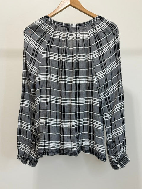 Lucky Brand Black &amp; White Plaid Embroidered Henley Blouse SzL