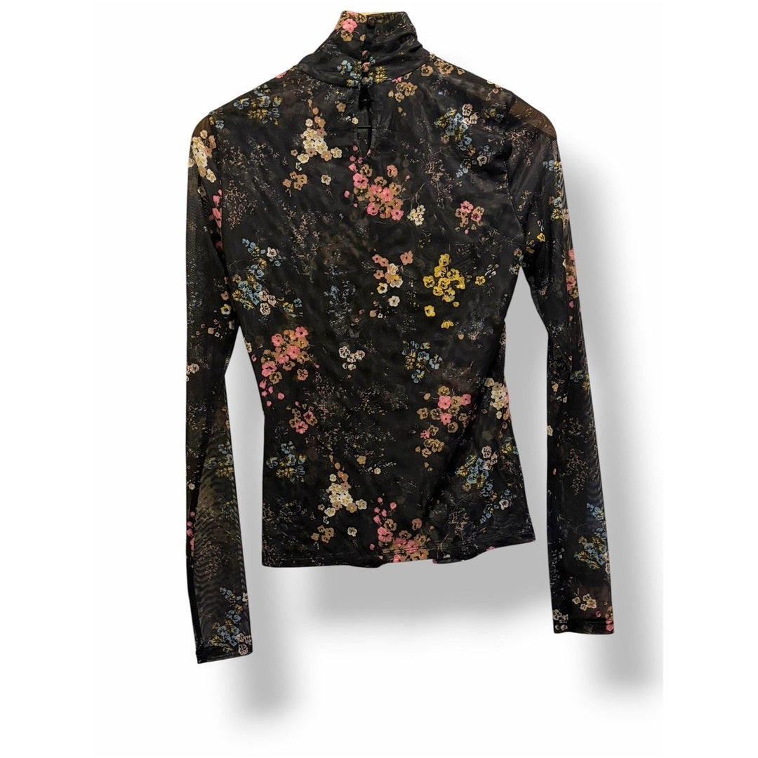 Cinq à Sept Sheer Floral Mesh Mock Neck Top SM Black Long Sleeve Romantic Gothic