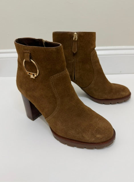 Tory Burch Sofia Lug Sole Suede Booties Festival Brown Sz9.5