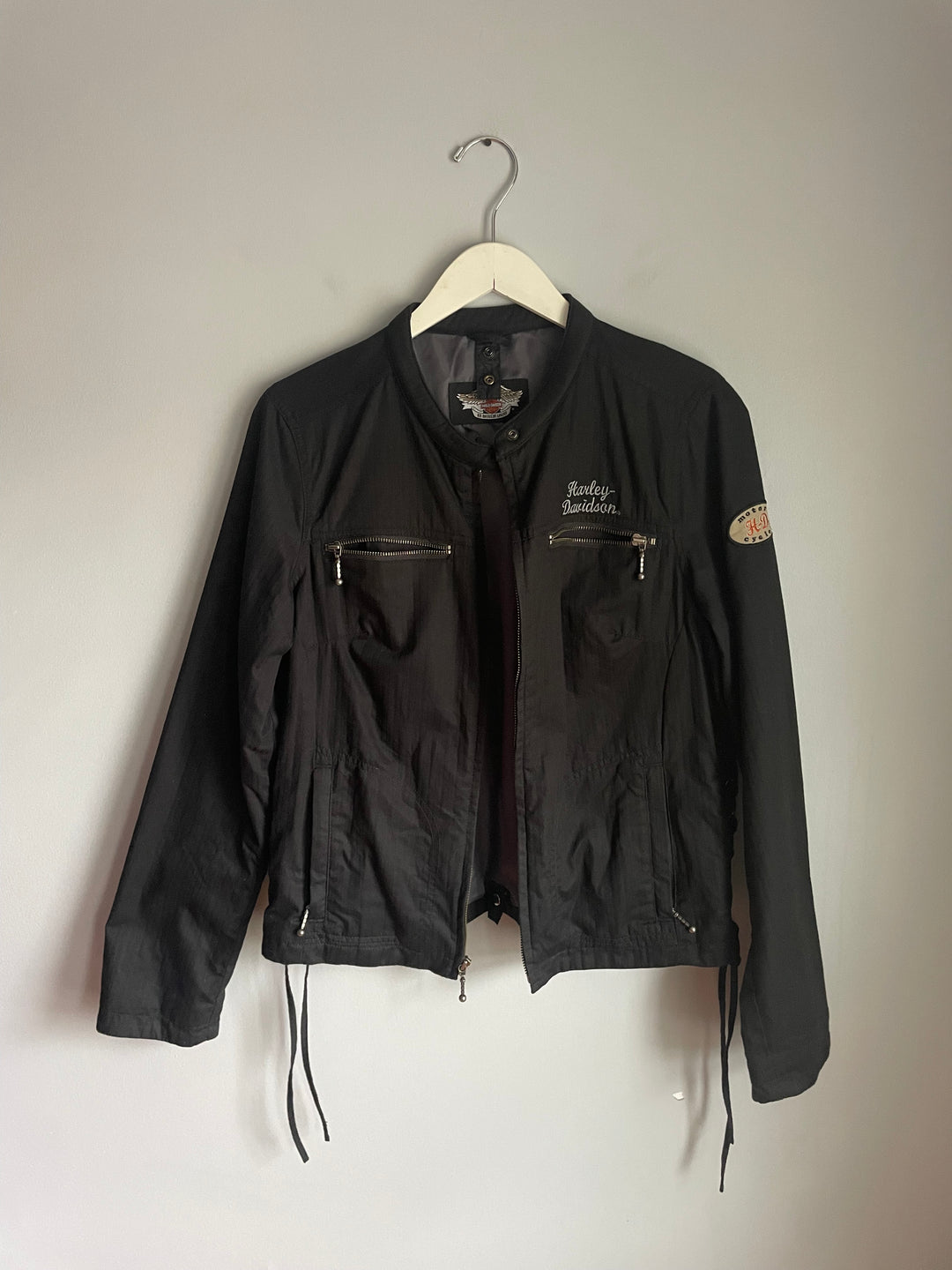Harley Davidson Womens Black Jacket Winged Bar Shield Lace Up Back Size L