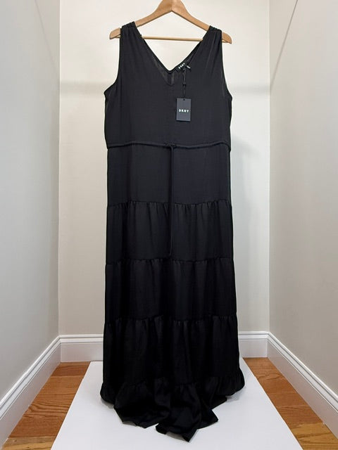 DKNY Black Tie Waist Tiered Maxi Dress Sz L NWT