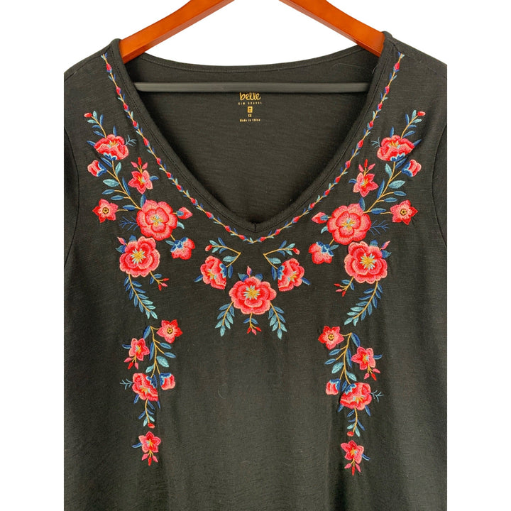 Belle By Kim Gravel Floral Embroidered V-Neck Black Top 1X