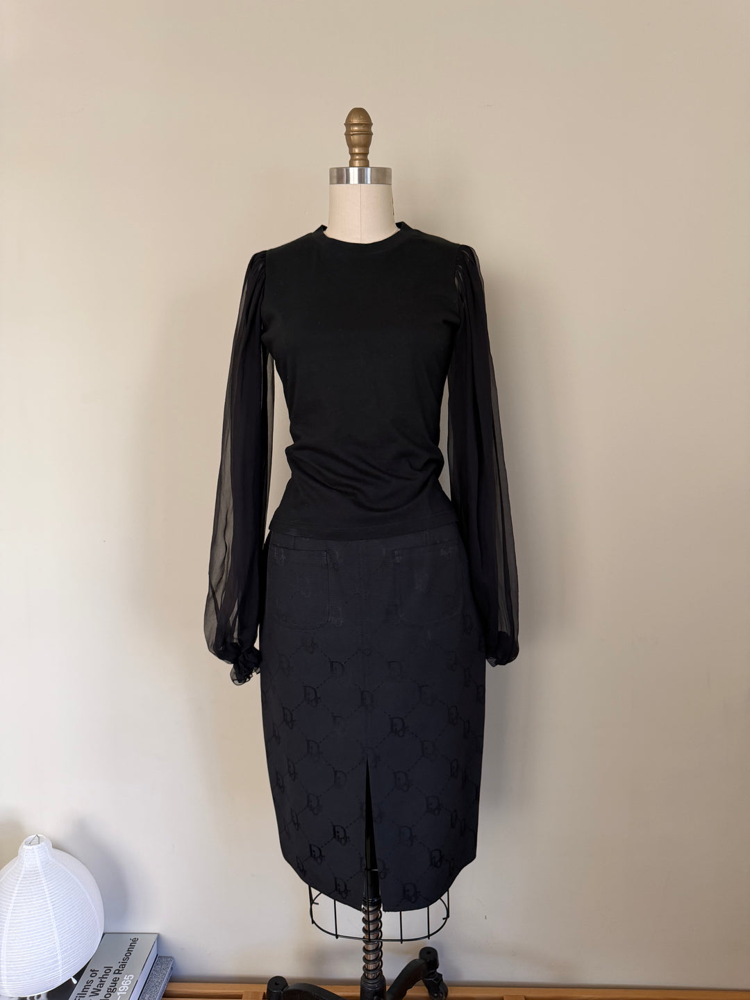 Christian Dior by John Galliano Black Sheer Sleeve Knit Top Made in France Size FR 38/US 6