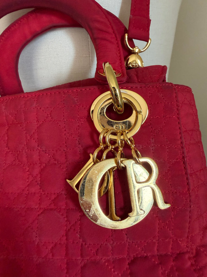 Vintage Christian Dior Lady Dior Red Cannage Nylon Canvas Bag w/ Strap