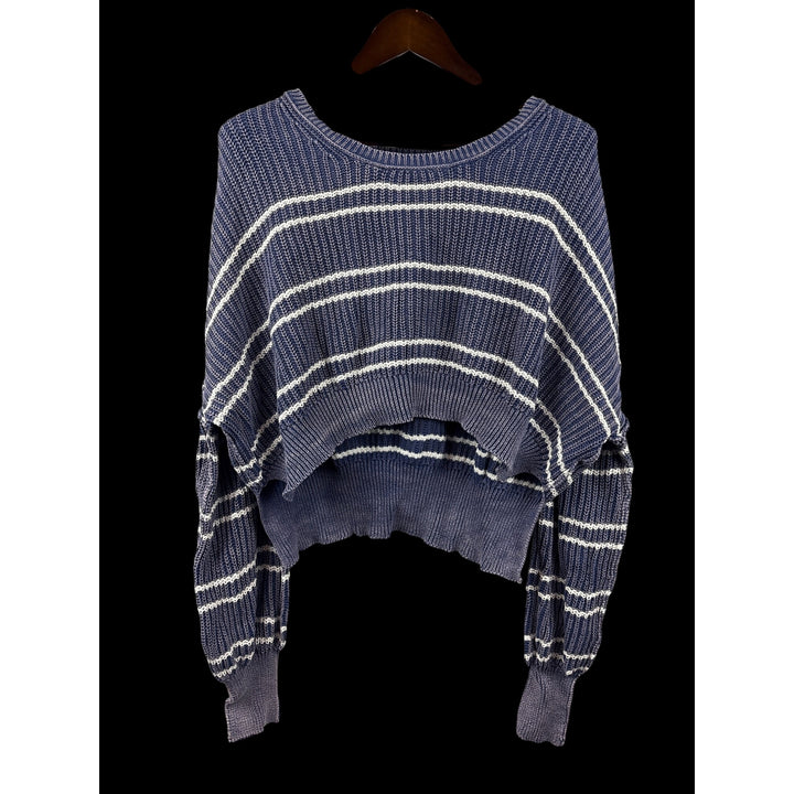 Women’s Miss Love Large Cropped Blue & White Striped Sweater