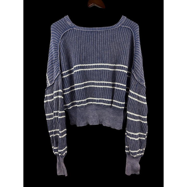 Women’s Miss Love Large Cropped Blue & White Striped Sweater