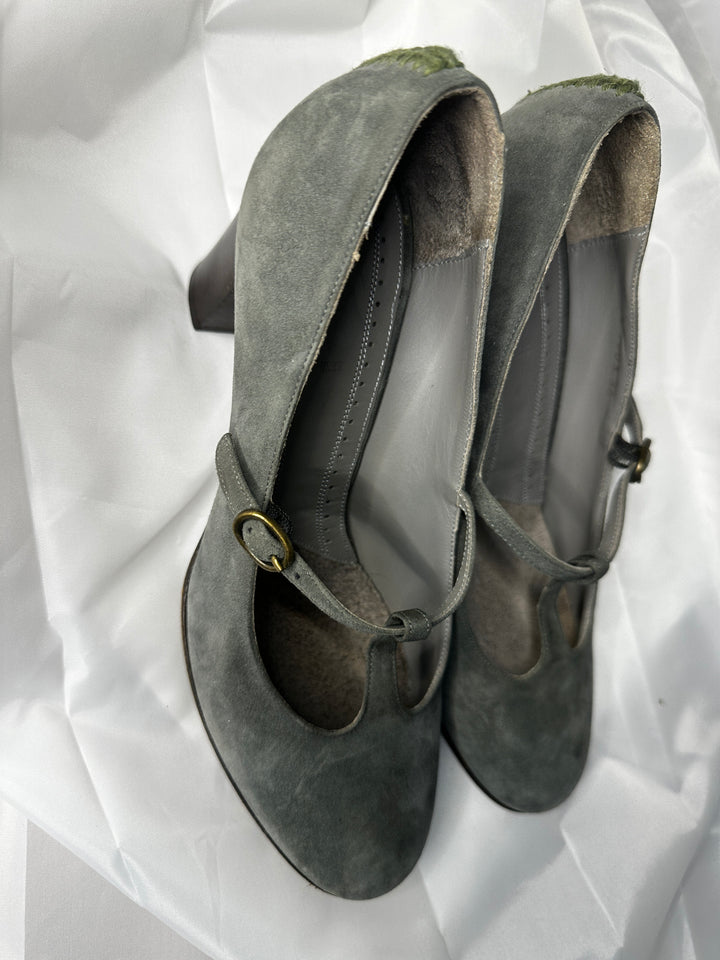 Hugo Boss Taupe Suede Mary Jane Block Heels