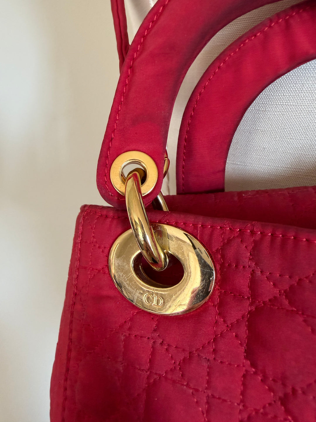 Vintage Christian Dior Lady Dior Red Cannage Nylon Canvas Bag w/ Strap