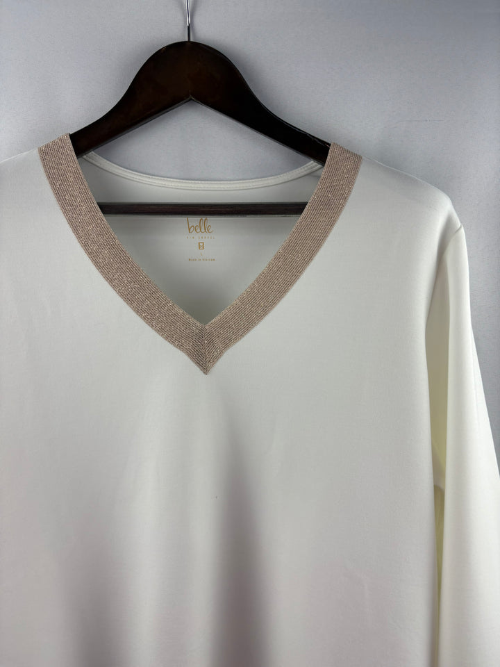 Women’s Belle by Kim Gravel Large Cream V-Neck Long Sleeve