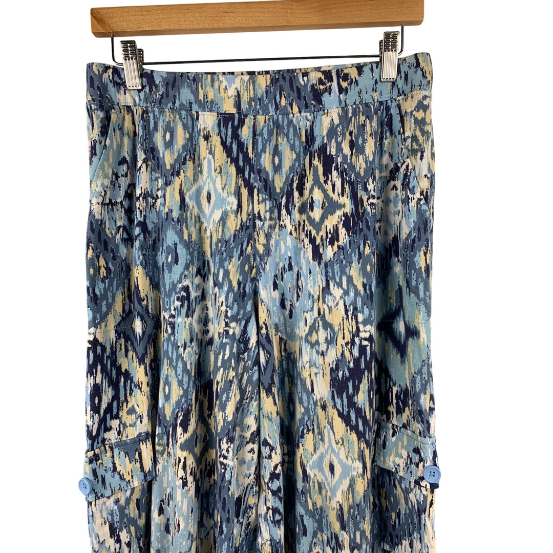D&Co. Beach Womens Ikat Patterned Wide-Leg Pants S Blue & Beige Cotton & Rayon