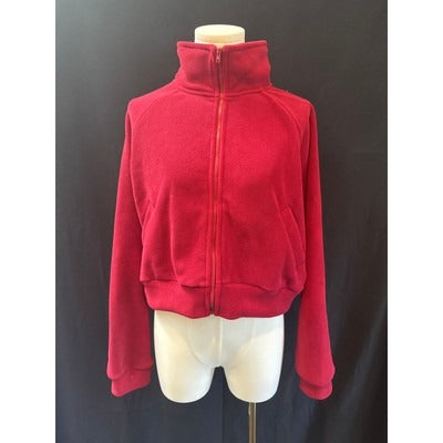 Red Fleece Zip-Up Jacket For Women Size L Polyester Cotton Blend Machine Washable