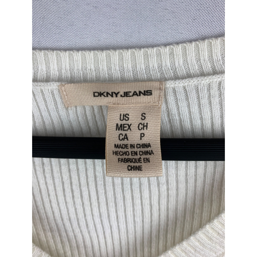 DKNY Jeans Womens White Ribbed V-Neck Long Sleeve Sweater Size S