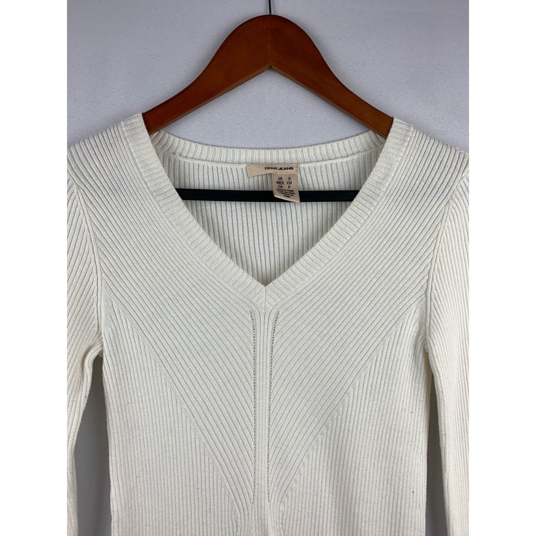 DKNY Jeans Womens White Ribbed V-Neck Long Sleeve Sweater Size S