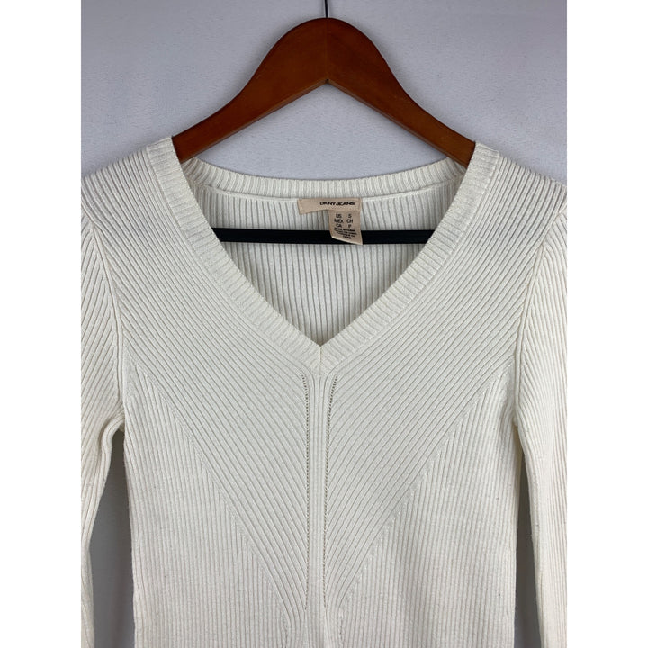 DKNY Jeans Womens White Ribbed V-Neck Long Sleeve Sweater Size S