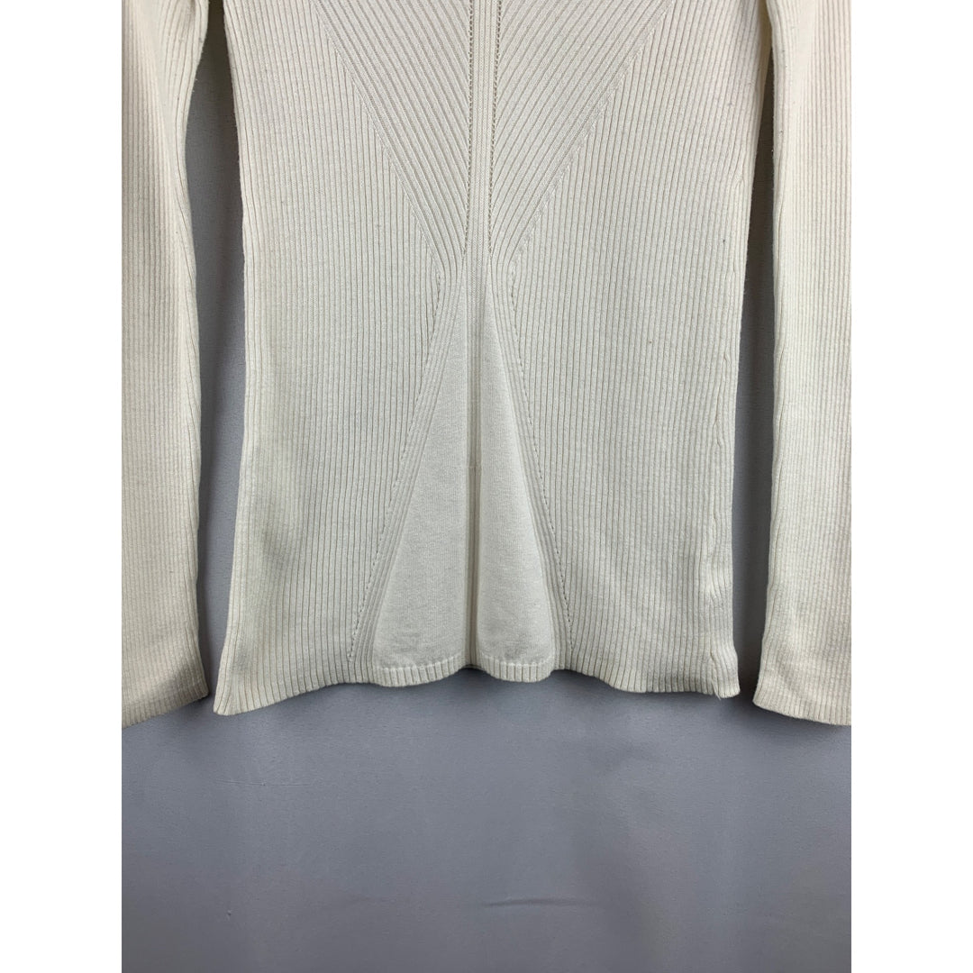 DKNY Jeans Womens White Ribbed V-Neck Long Sleeve Sweater Size S