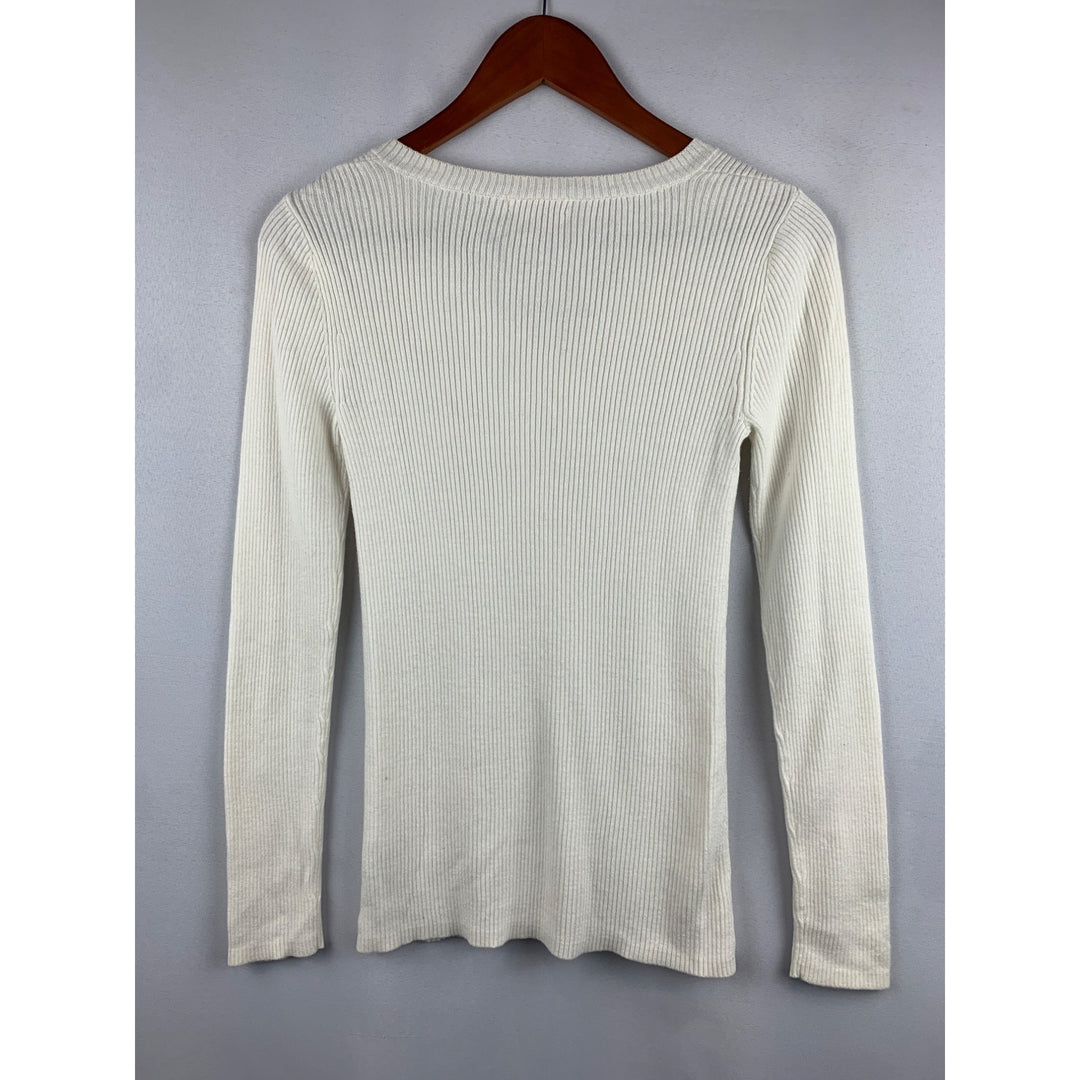 DKNY Jeans Womens White Ribbed V-Neck Long Sleeve Sweater Size S