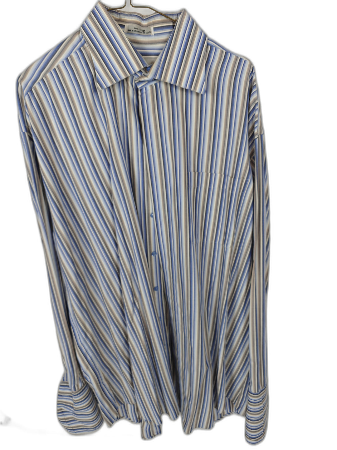 Italo Mondo Tall 18 36/37 French Cuff Dress Shirt Blue Brown White Stripe 100% Cotton